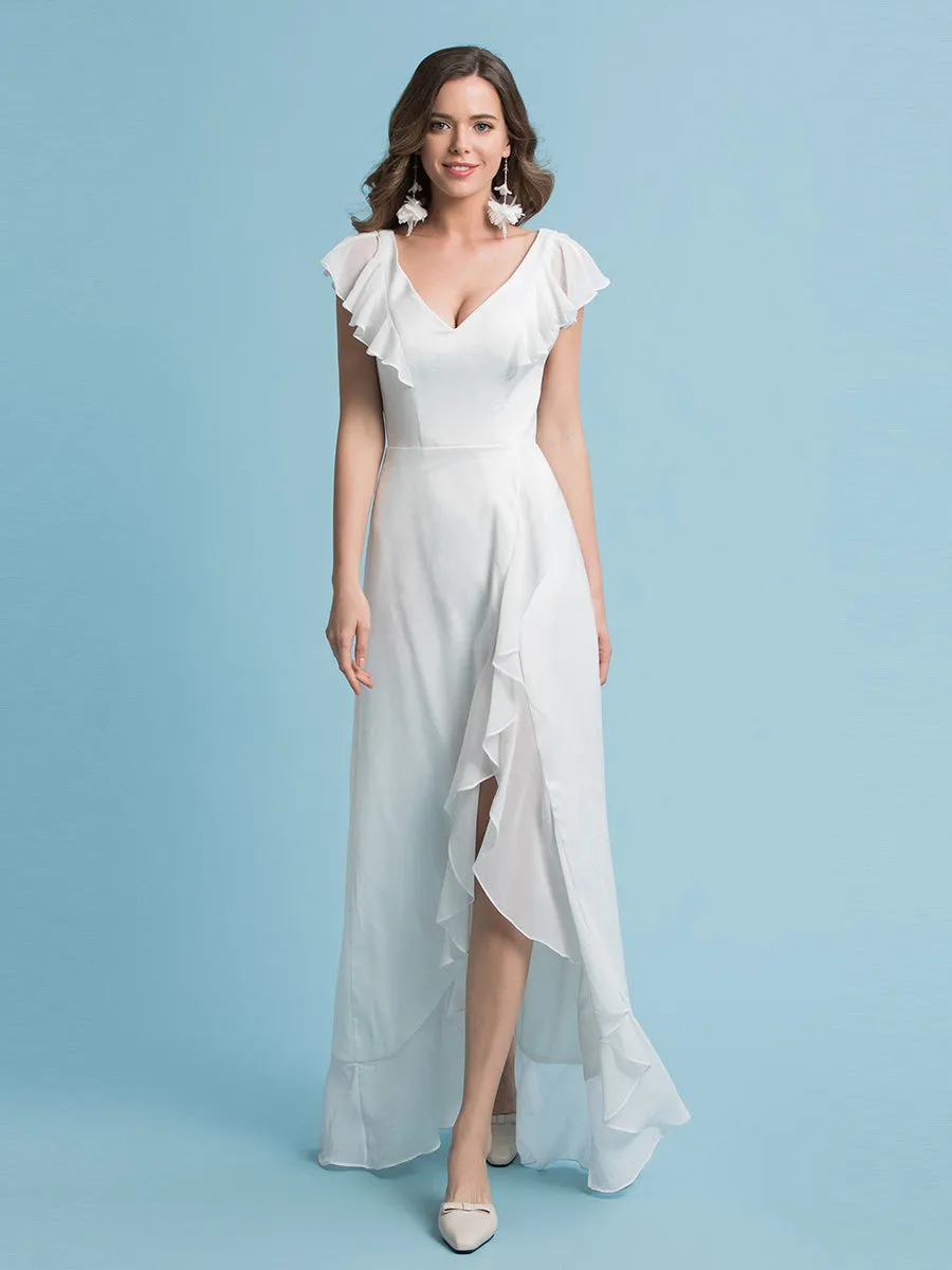 Sheath/Column Chiffon Sleeve V-Neck Wedding Dress Floor Length