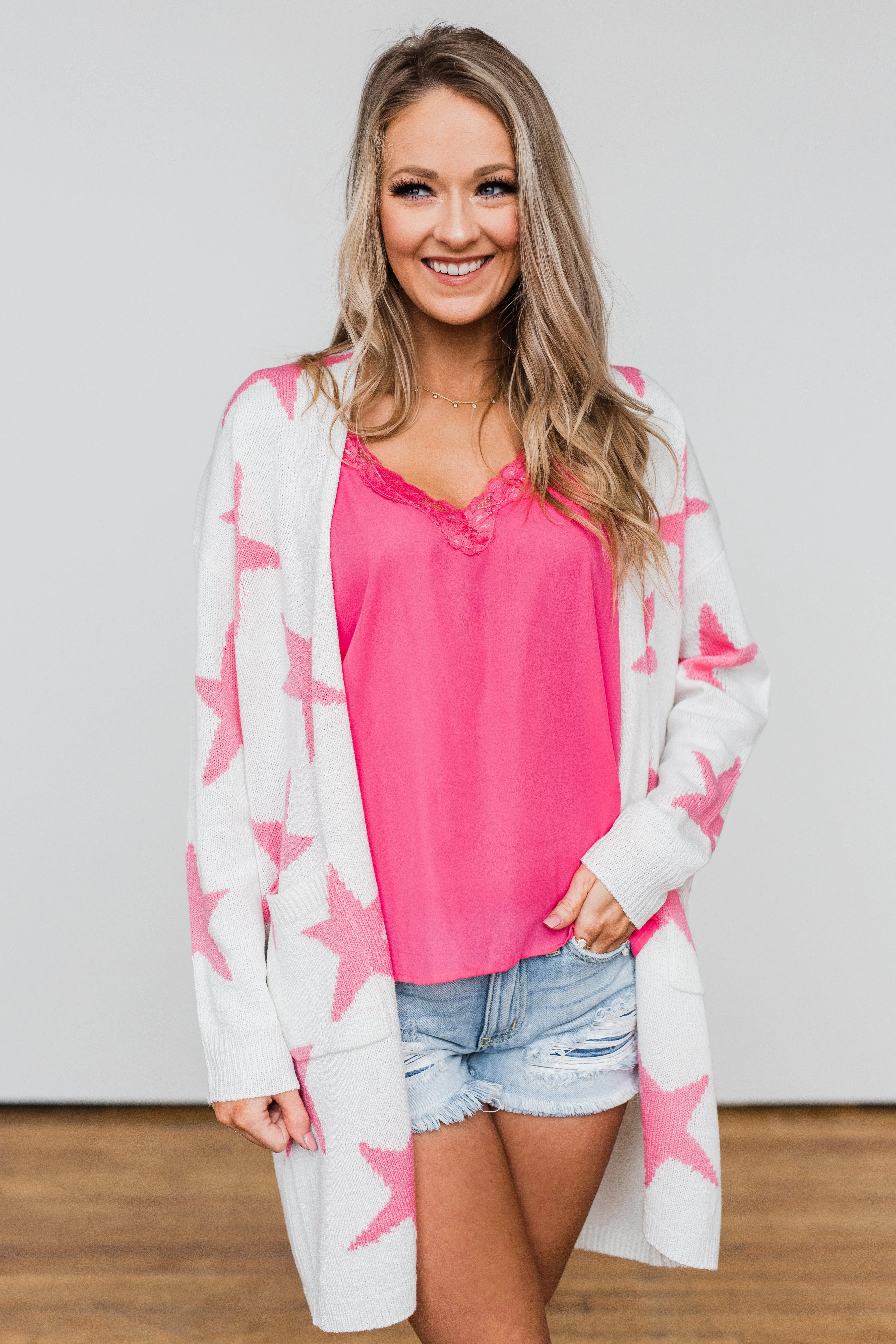 Shoot For The Stars Knit Cardigan- Ivory & Pink