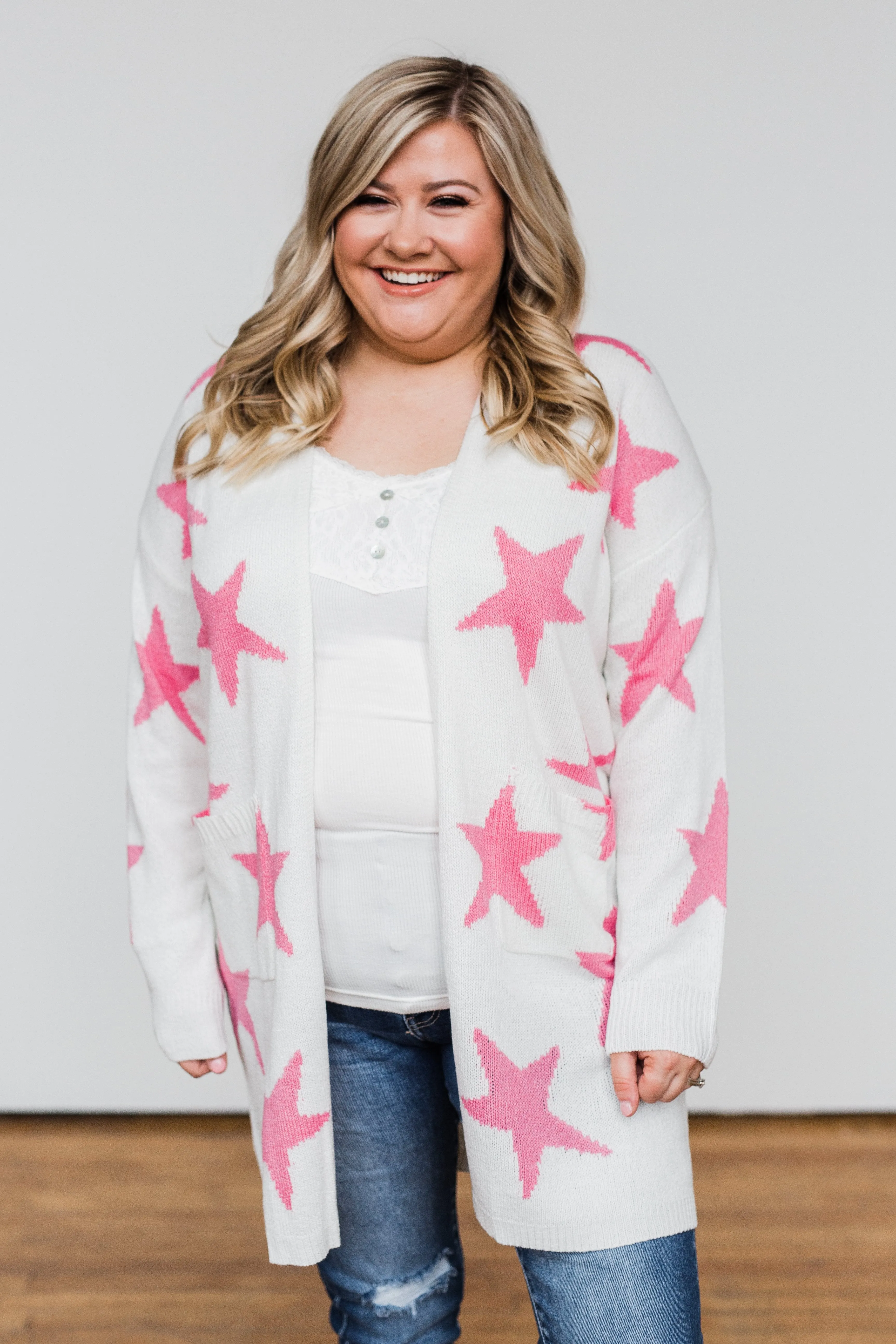 Shoot For The Stars Knit Cardigan- Ivory & Pink