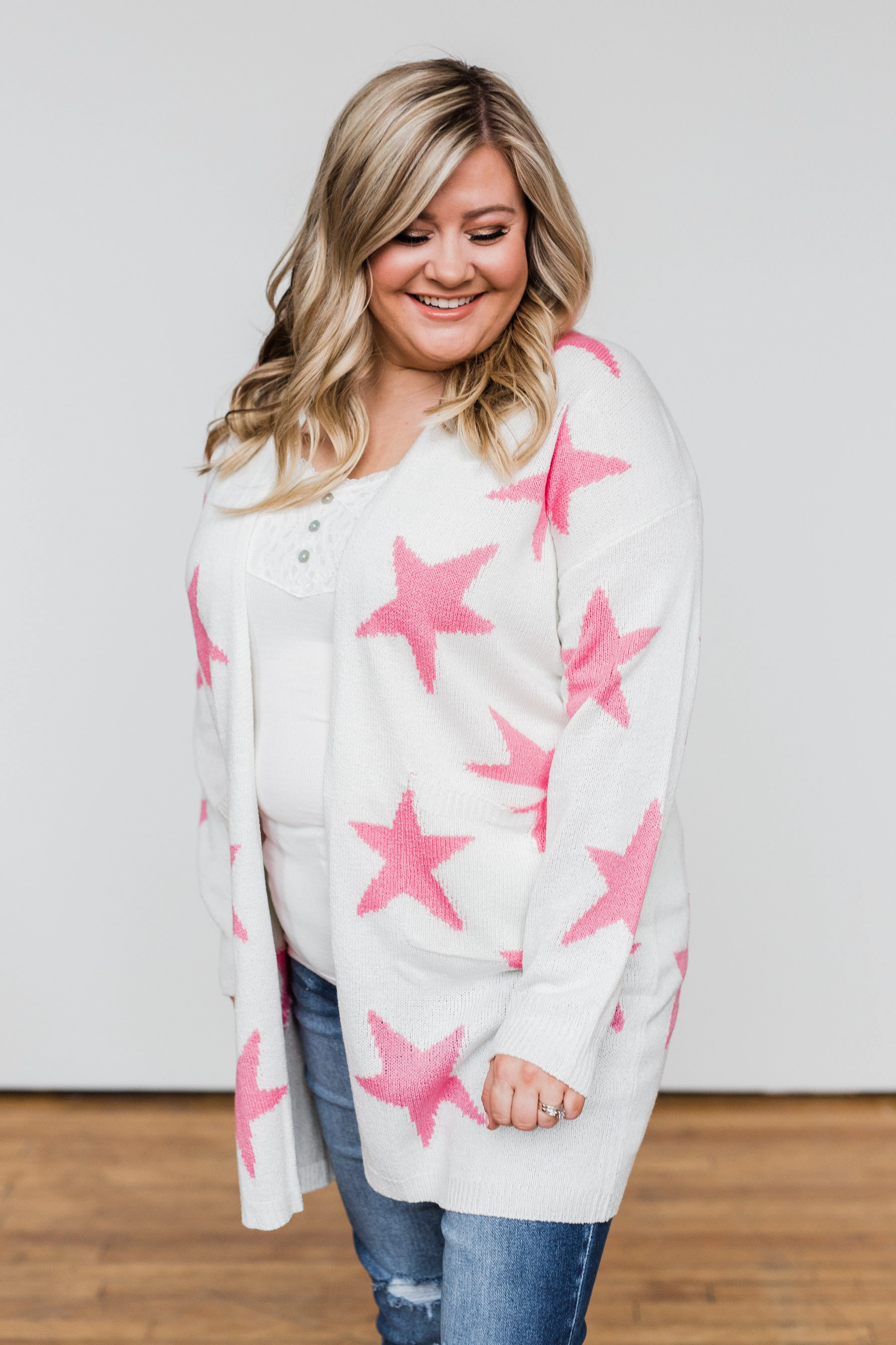Shoot For The Stars Knit Cardigan- Ivory & Pink