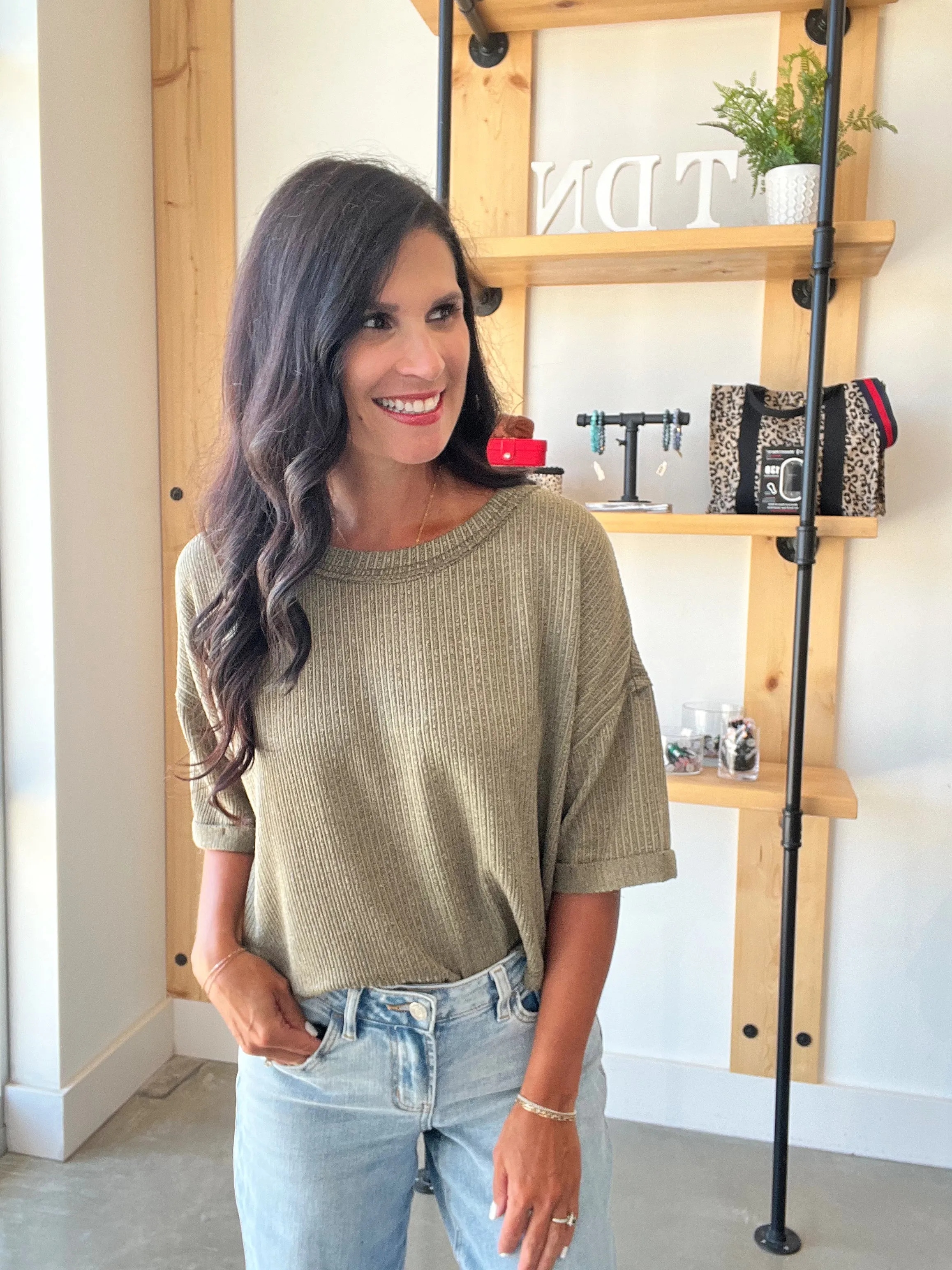 Short Sleeve Knit Crop in Dusty Olive