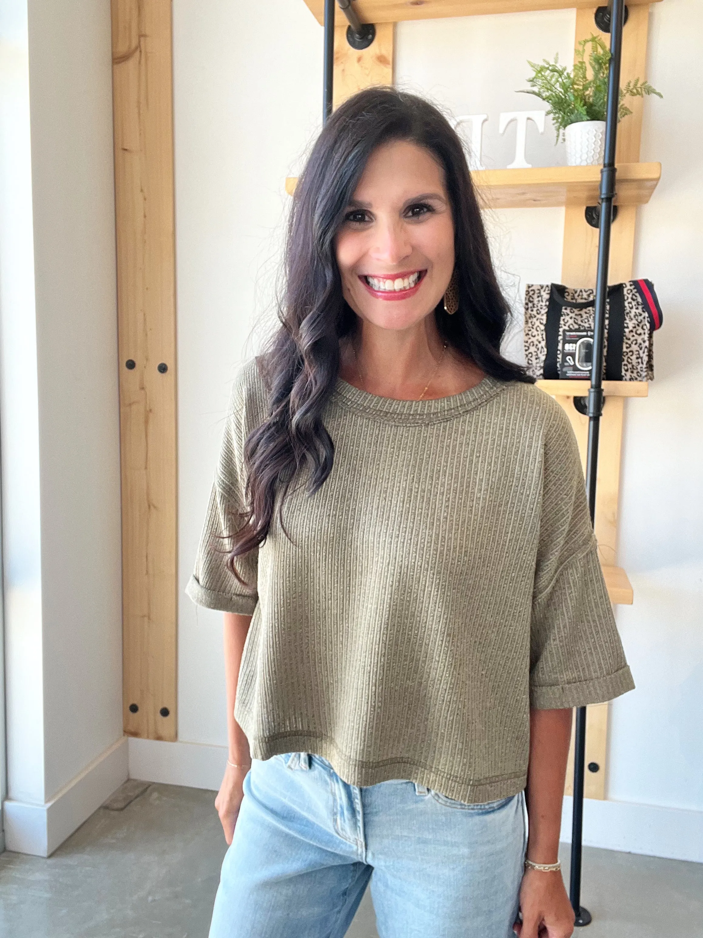 Short Sleeve Knit Crop in Dusty Olive