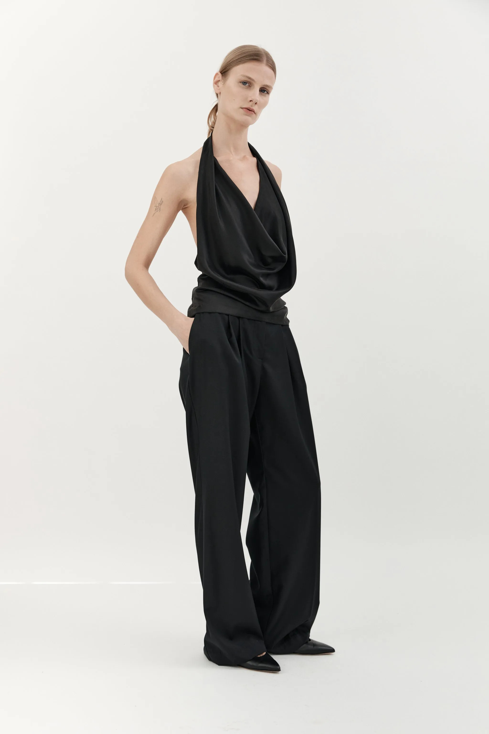 SILK COWL NECK TOP - BLACK