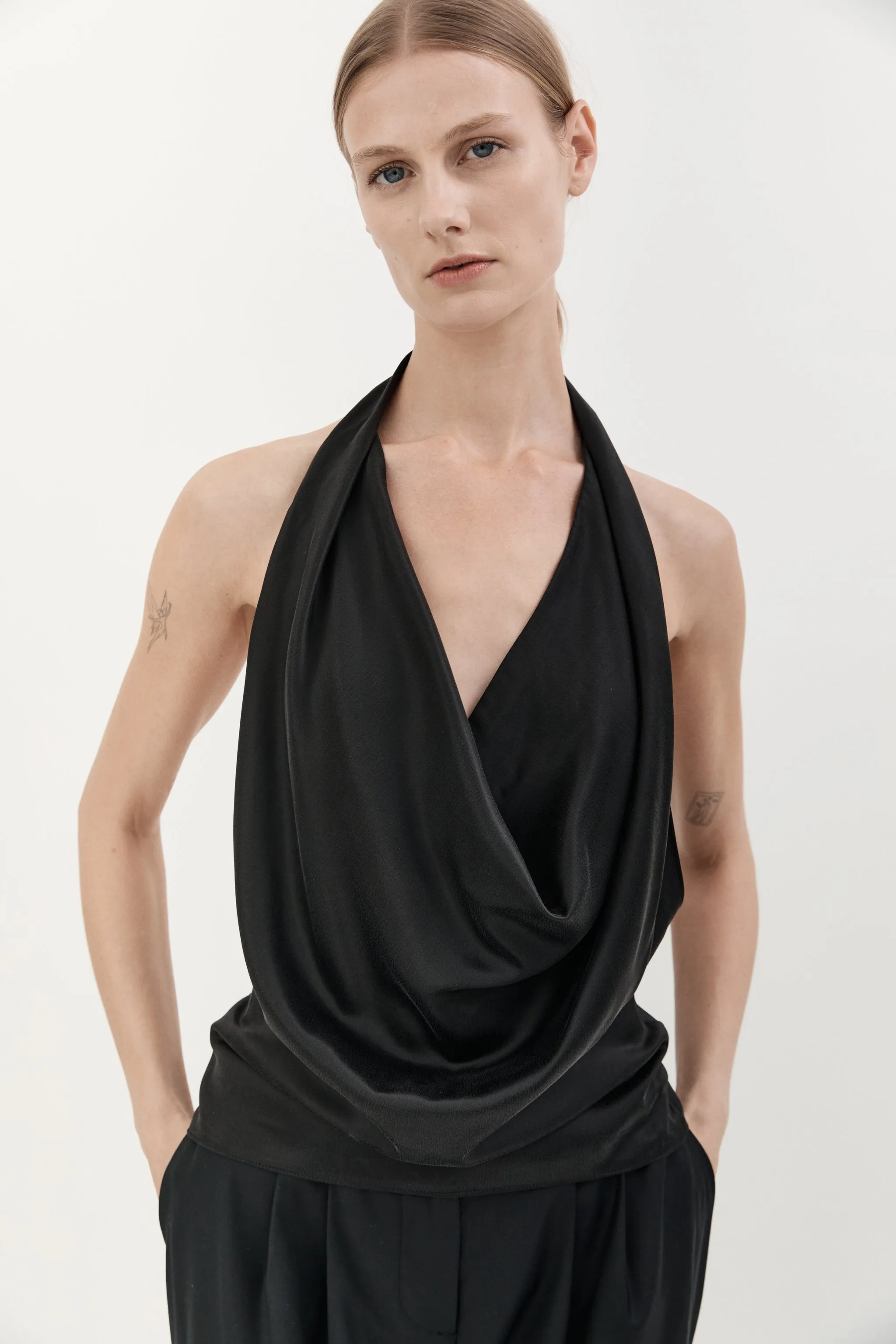 SILK COWL NECK TOP - BLACK