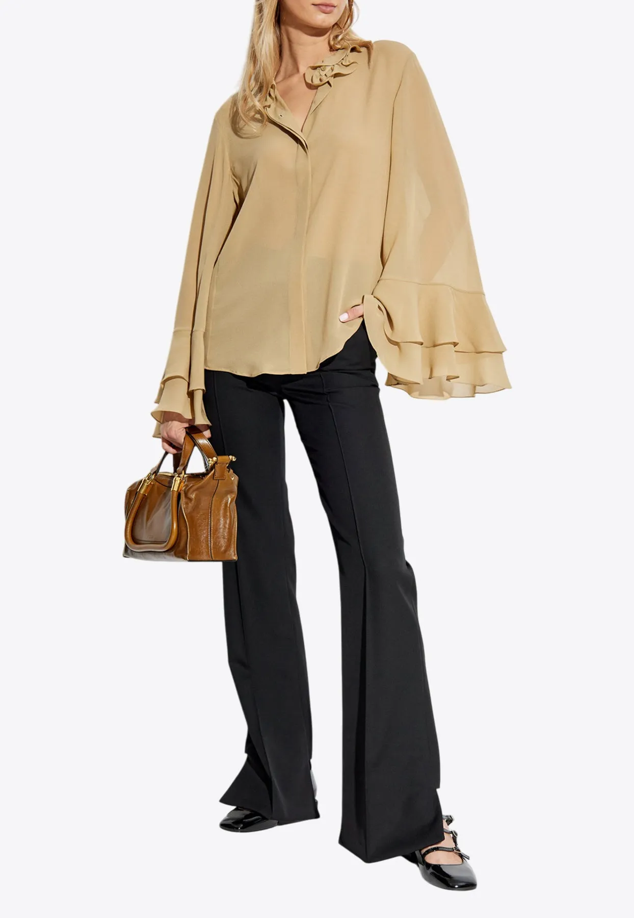 Silk Long-Sleeved Ruffled Blouse