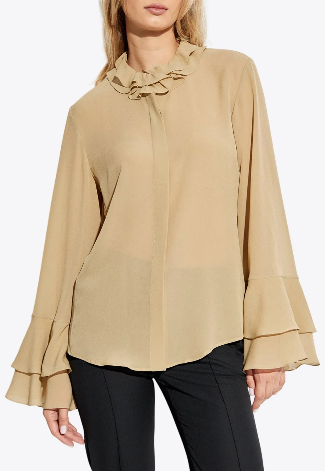 Silk Long-Sleeved Ruffled Blouse