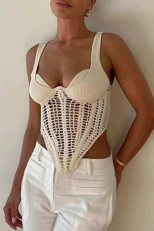 Sleeveless corset-style crochet knit top