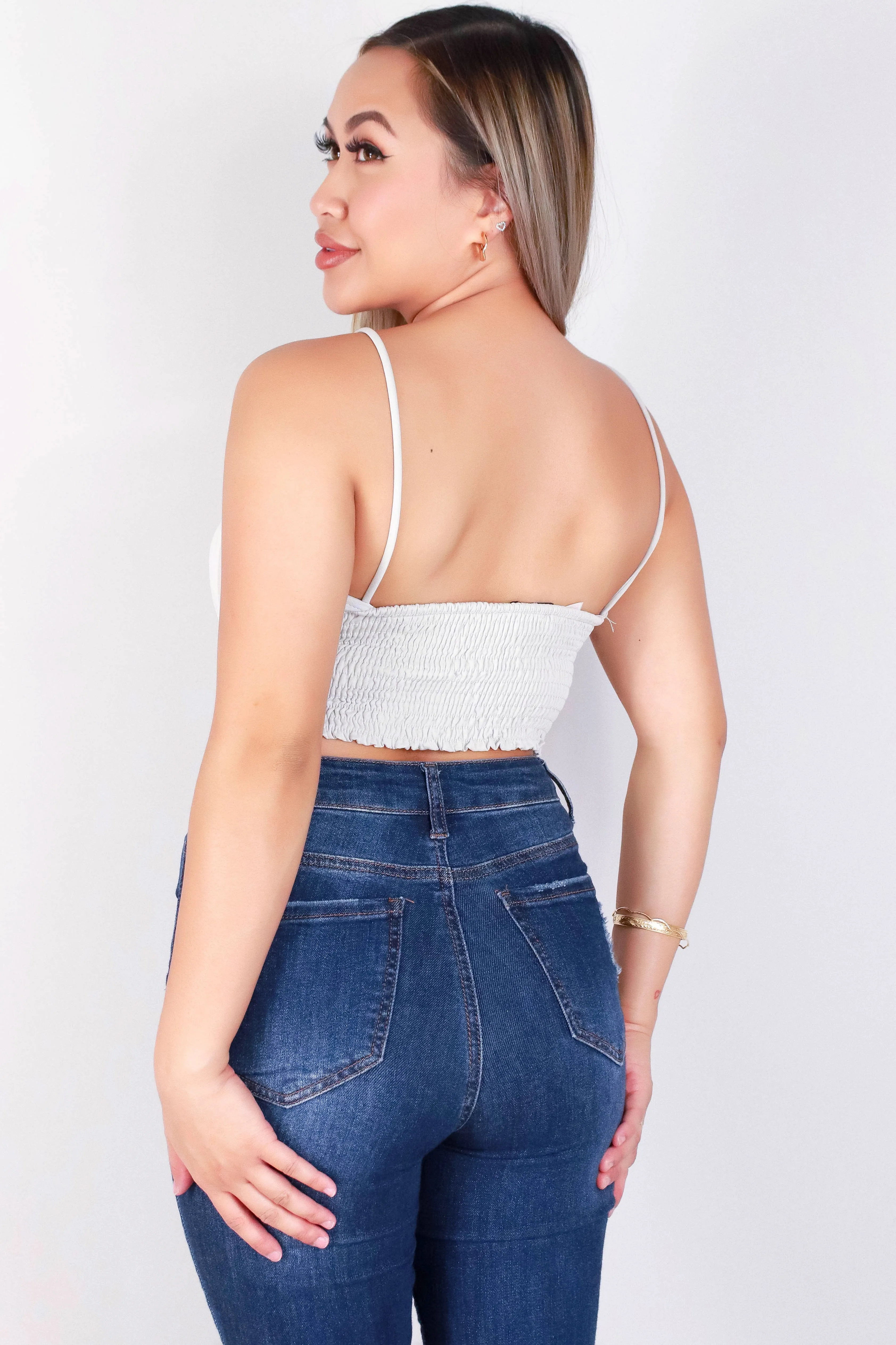 SLEEVELESS SMOCKED WAIST CROPPED TOP
