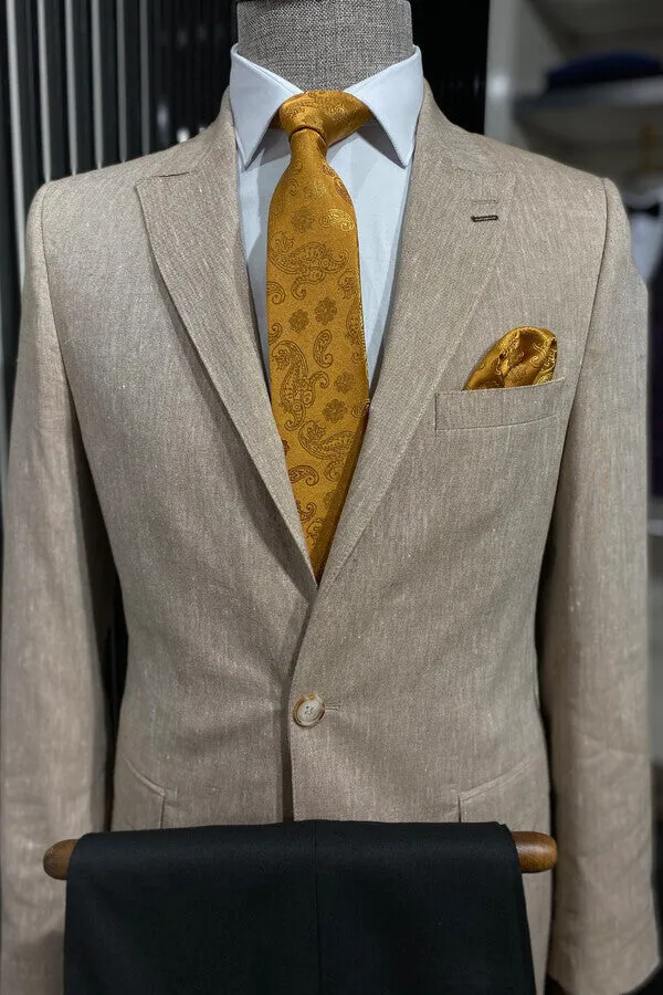 Slim-Fit Peak Lapel Light Brown Jacket - Wessi