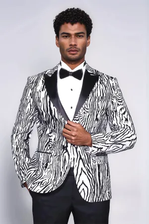 Slim Fit Zebra Patterned White Men Prom Blazer - Wessi
