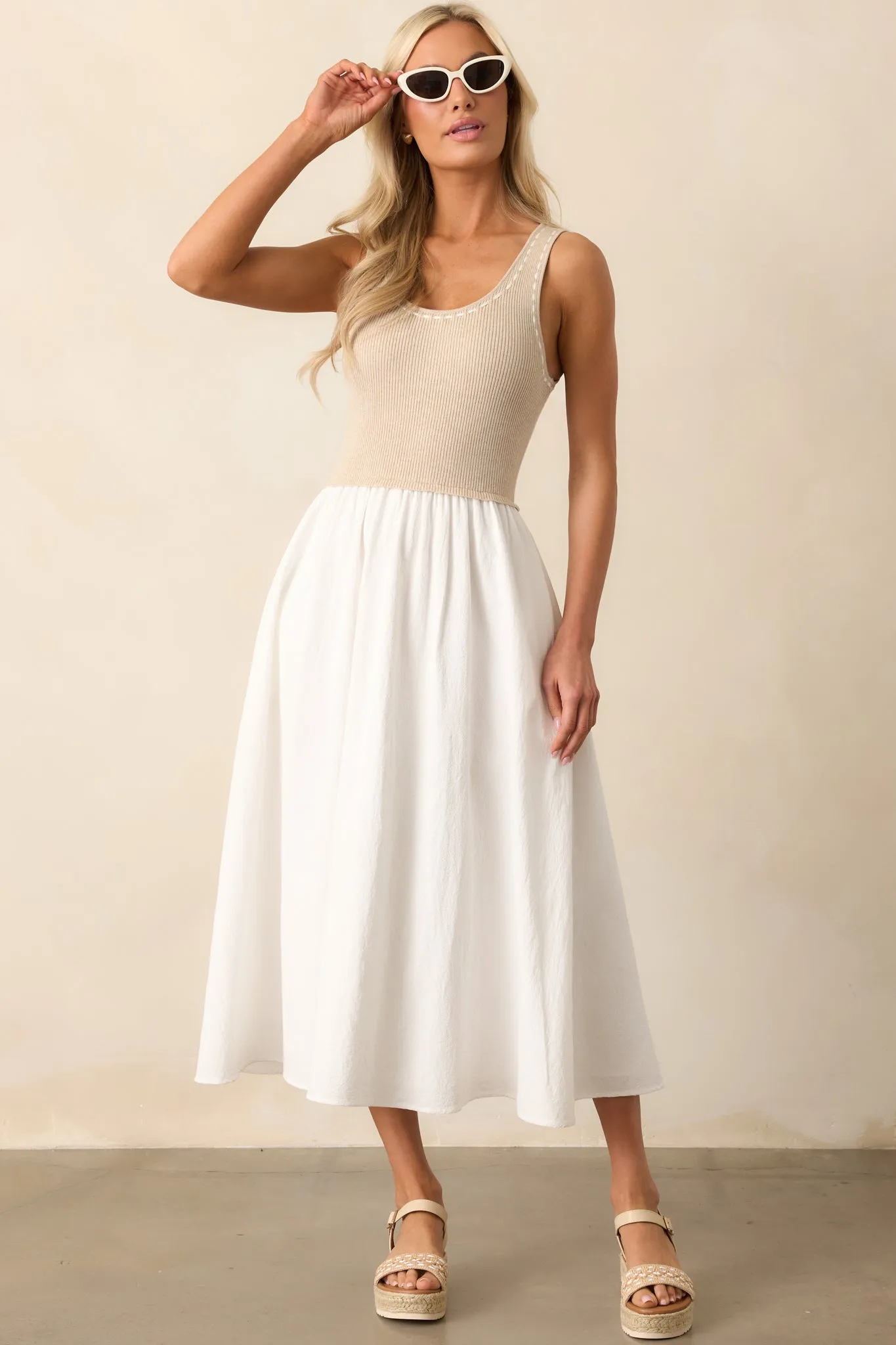 Soft Spaces Beige Sleeveless Knit Bodice Midi Dress