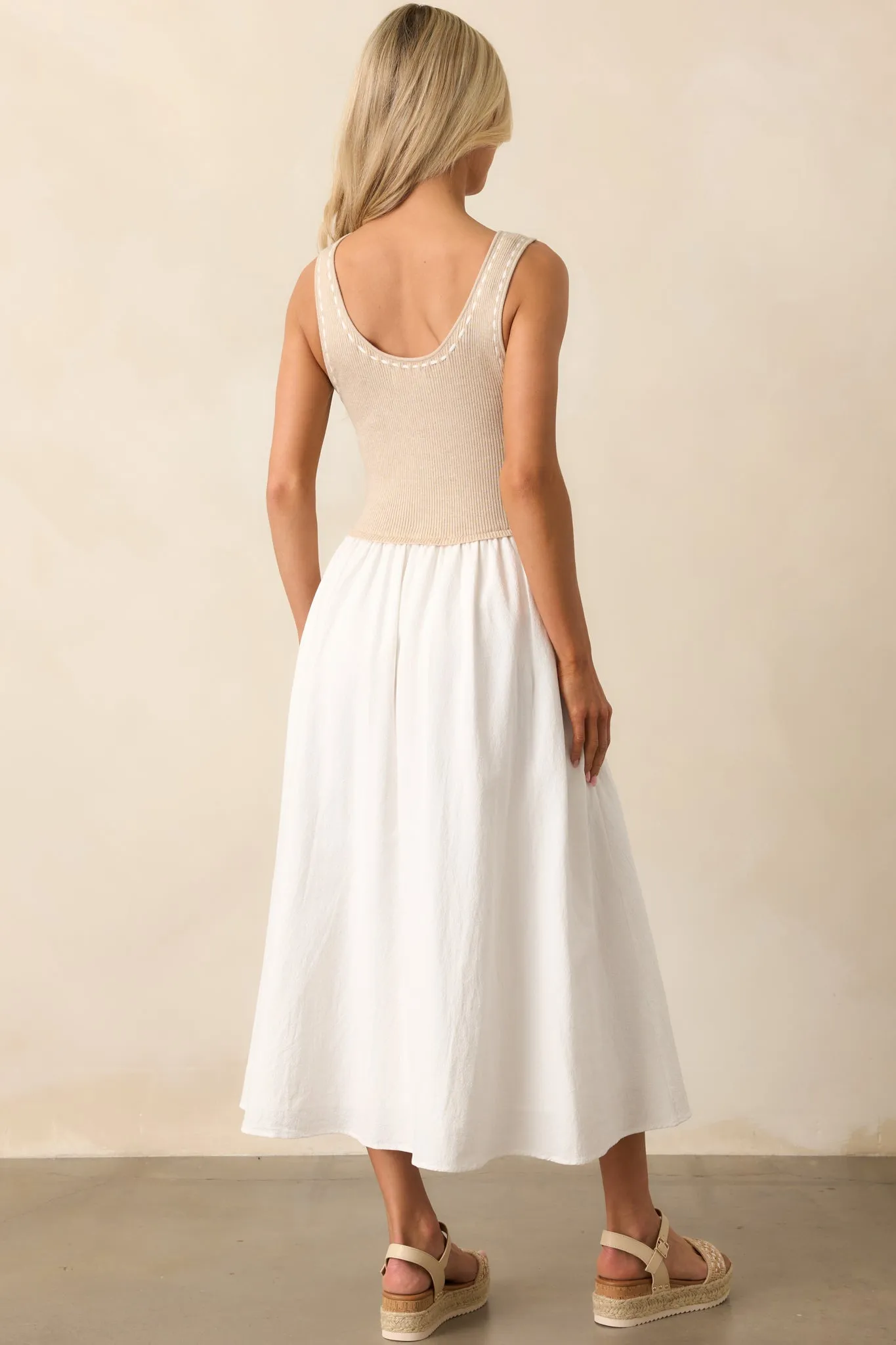 Soft Spaces Beige Sleeveless Knit Bodice Midi Dress