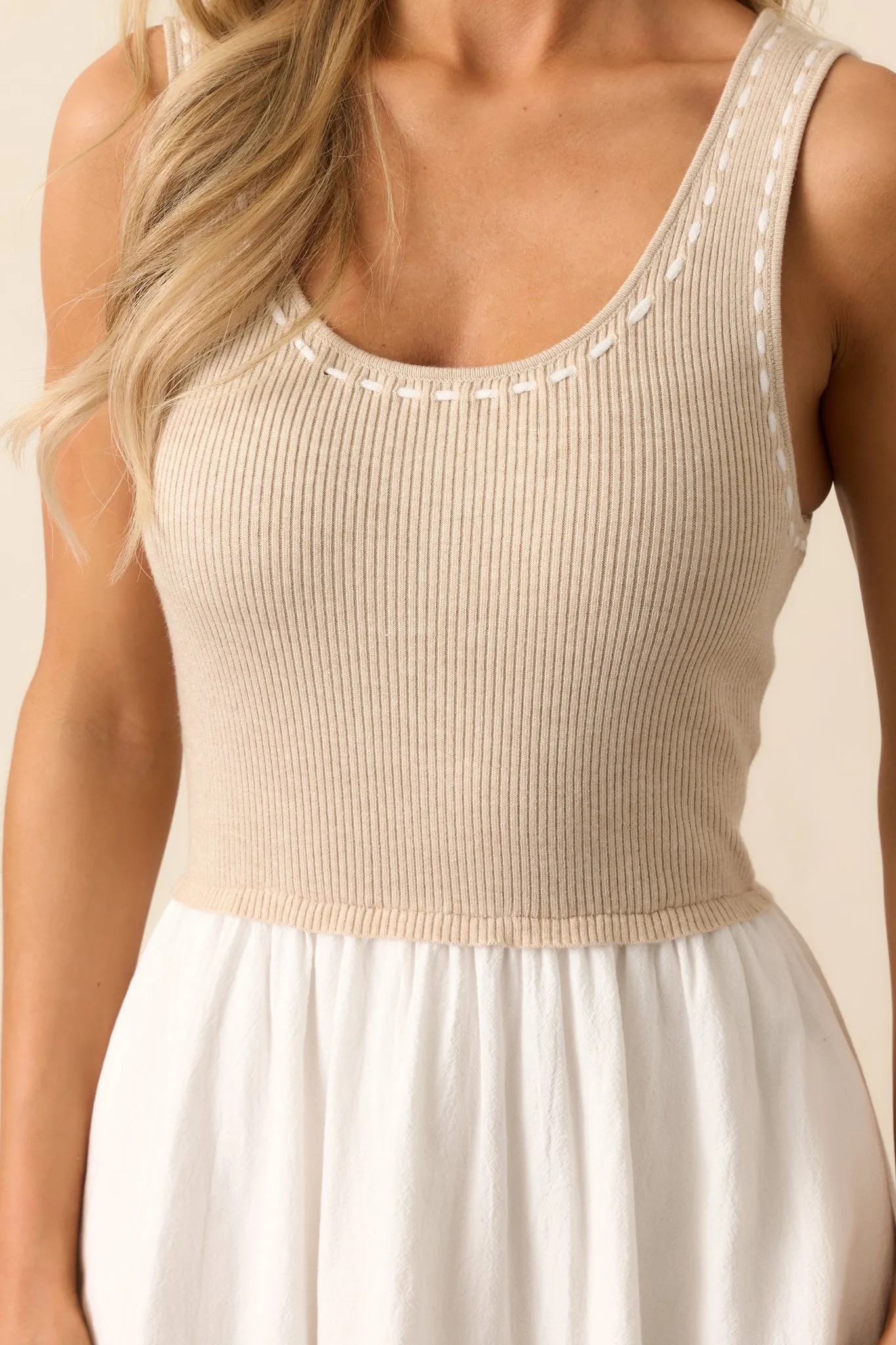 Soft Spaces Beige Sleeveless Knit Bodice Midi Dress