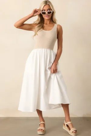 Soft Spaces Beige Sleeveless Knit Bodice Midi Dress