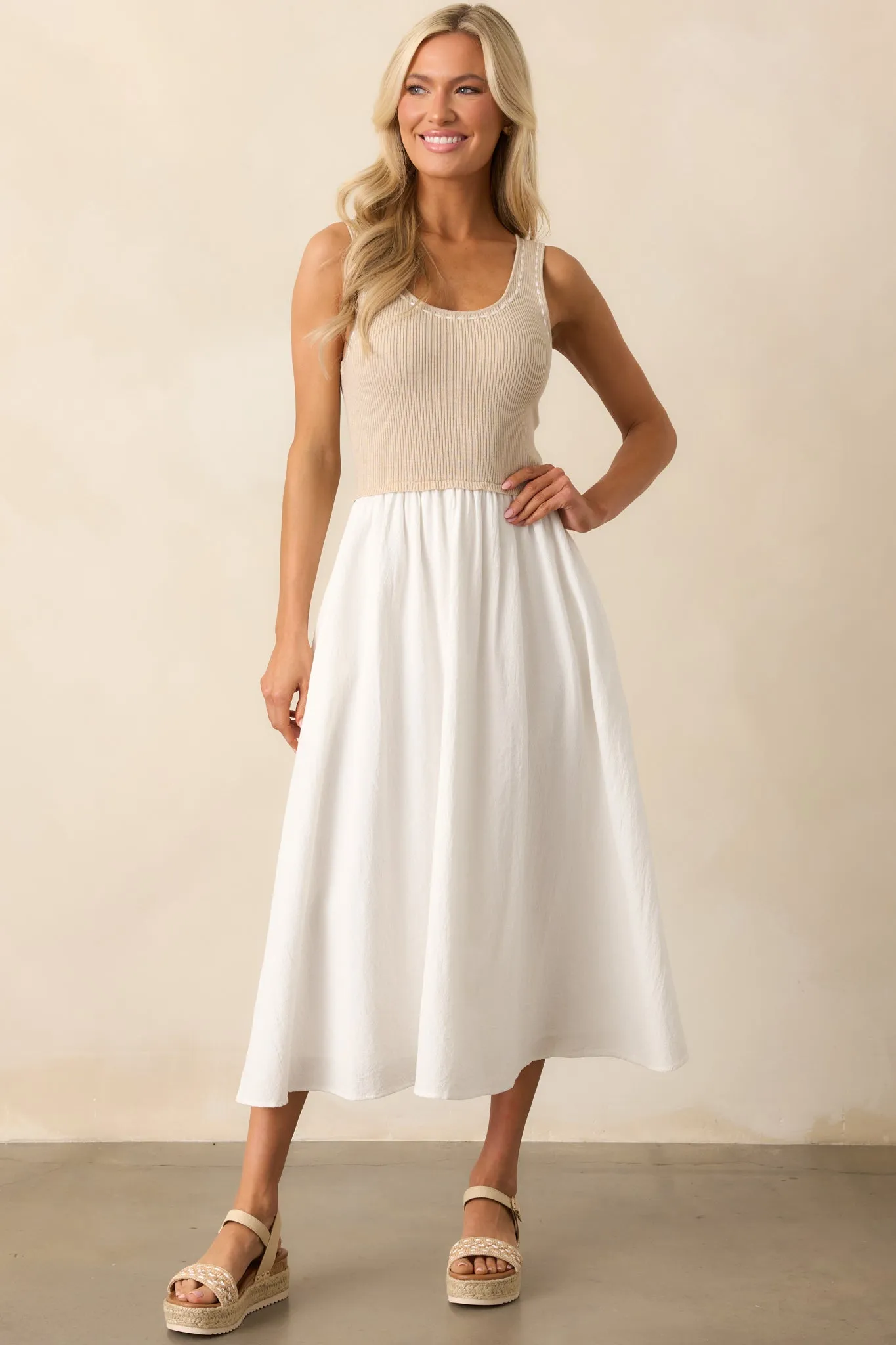Soft Spaces Beige Sleeveless Knit Bodice Midi Dress