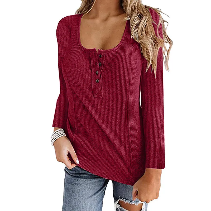Solid Color Long Sleeve Button Up U-Neck Top