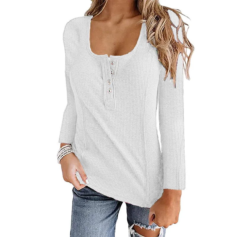 Solid Color Long Sleeve Button Up U-Neck Top
