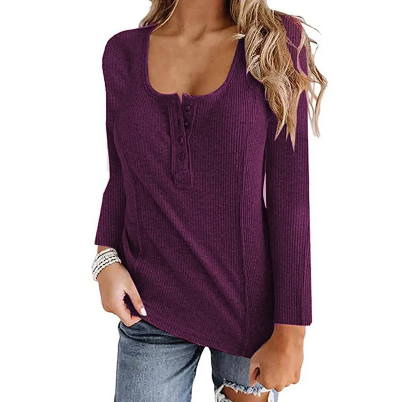 Solid Color Long Sleeve Button Up U-Neck Top