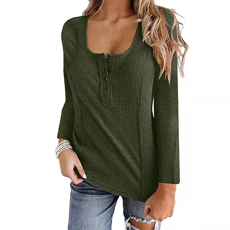 Solid Color Long Sleeve Button Up U-Neck Top