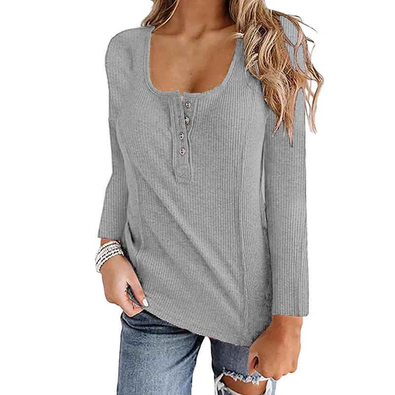 Solid Color Long Sleeve Button Up U-Neck Top