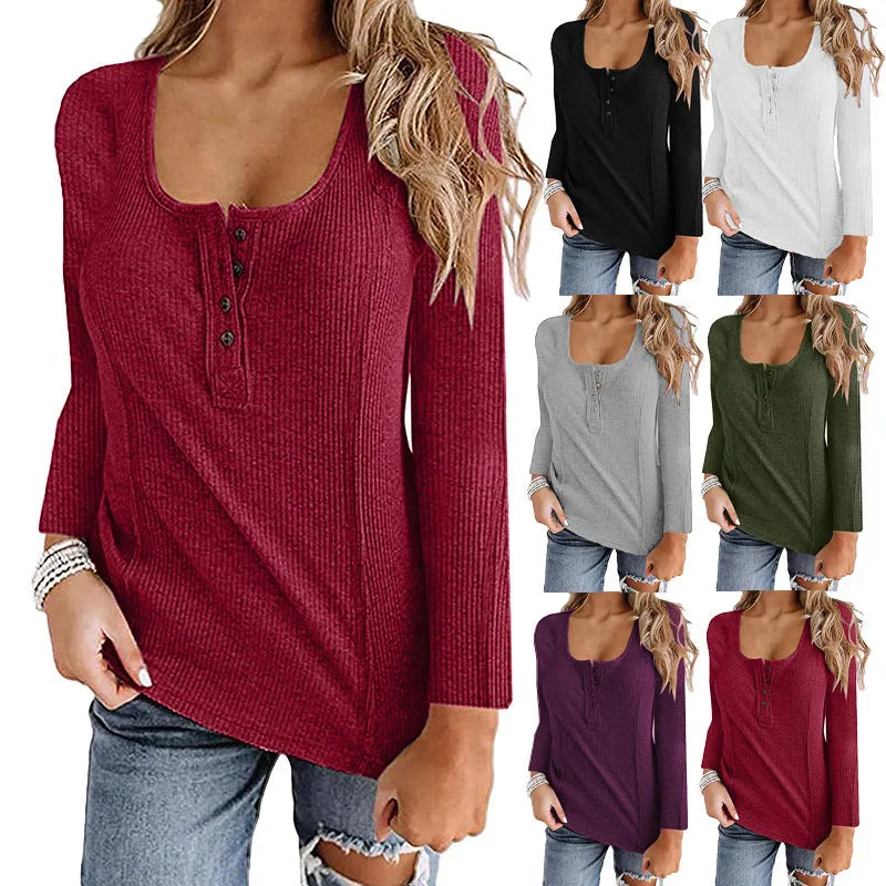 Solid Color Long Sleeve Button Up U-Neck Top