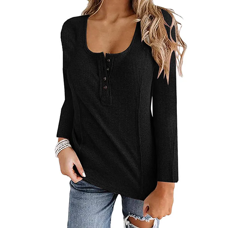 Solid Color Long Sleeve Button Up U-Neck Top