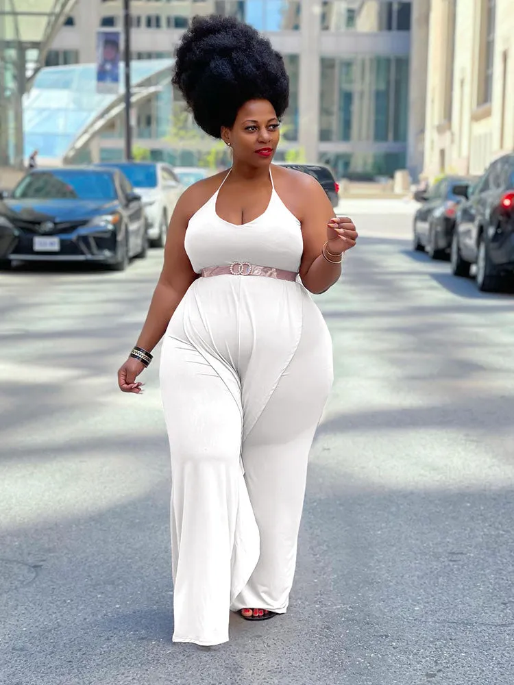 Solid Color Ruffled Tie Halter Jumpsuit
