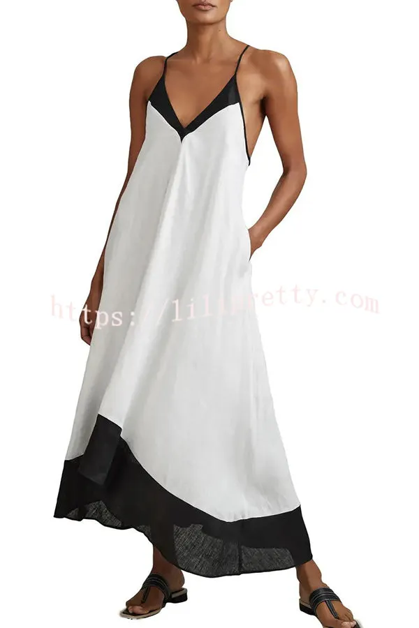 Stevie Linen Blend Color Block Cross Back Pocket A-line Midi Dress