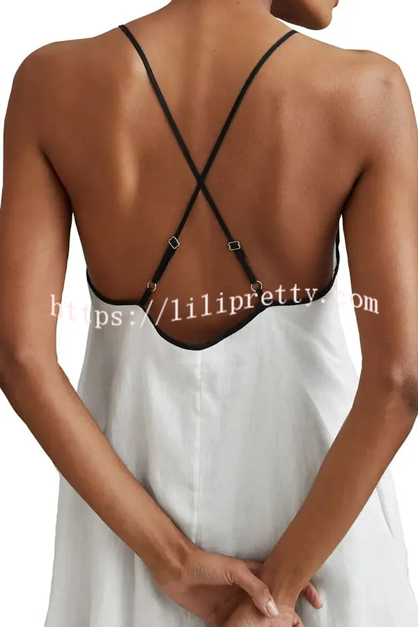 Stevie Linen Blend Color Block Cross Back Pocket A-line Midi Dress