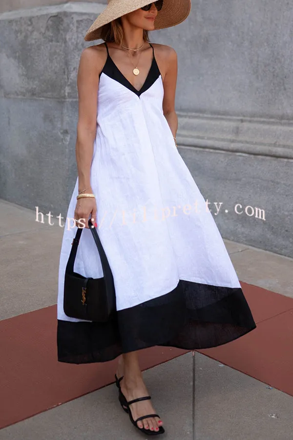 Stevie Linen Blend Color Block Cross Back Pocket A-line Midi Dress