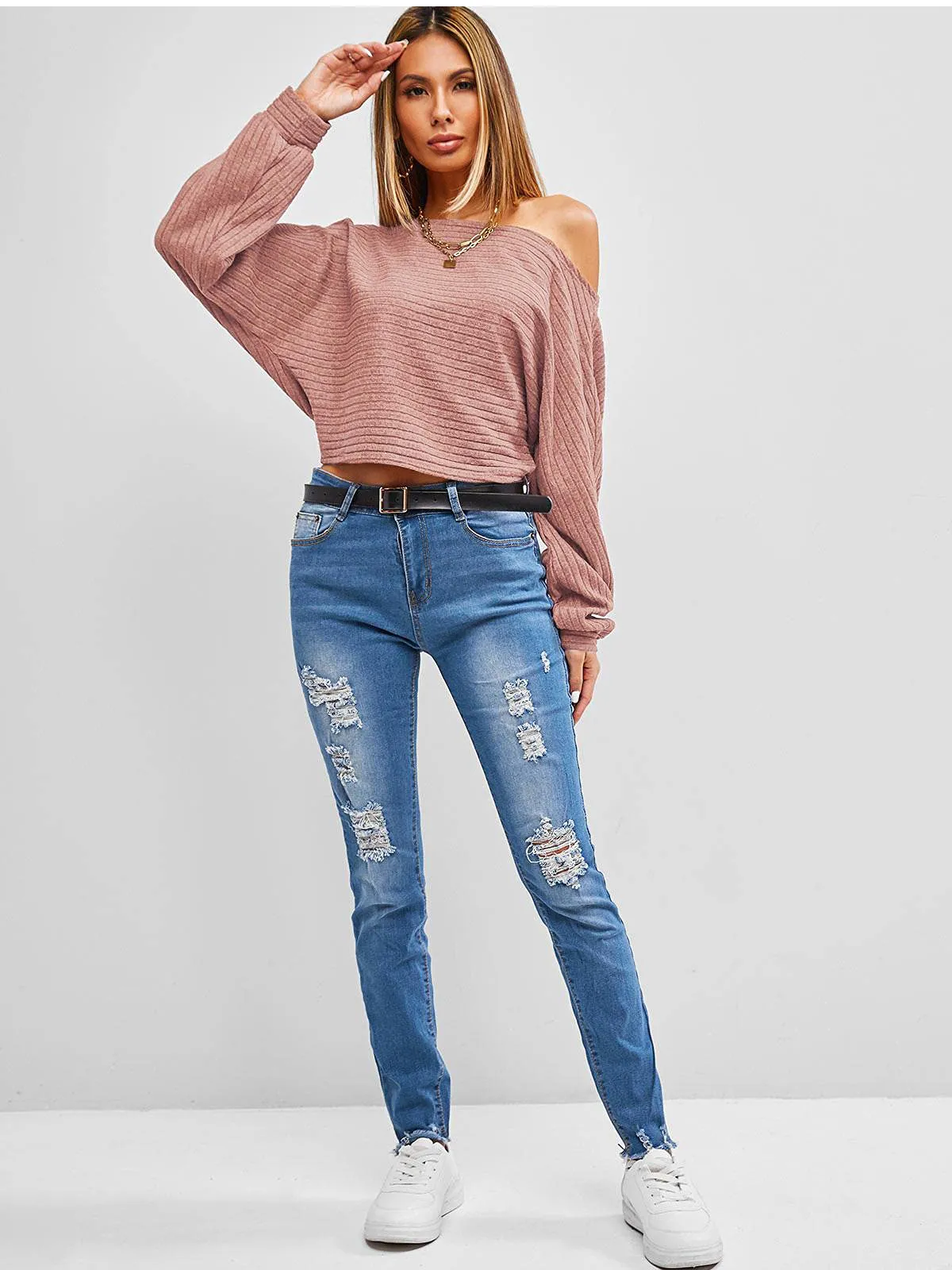 Strapless bat-sleeve sweater
