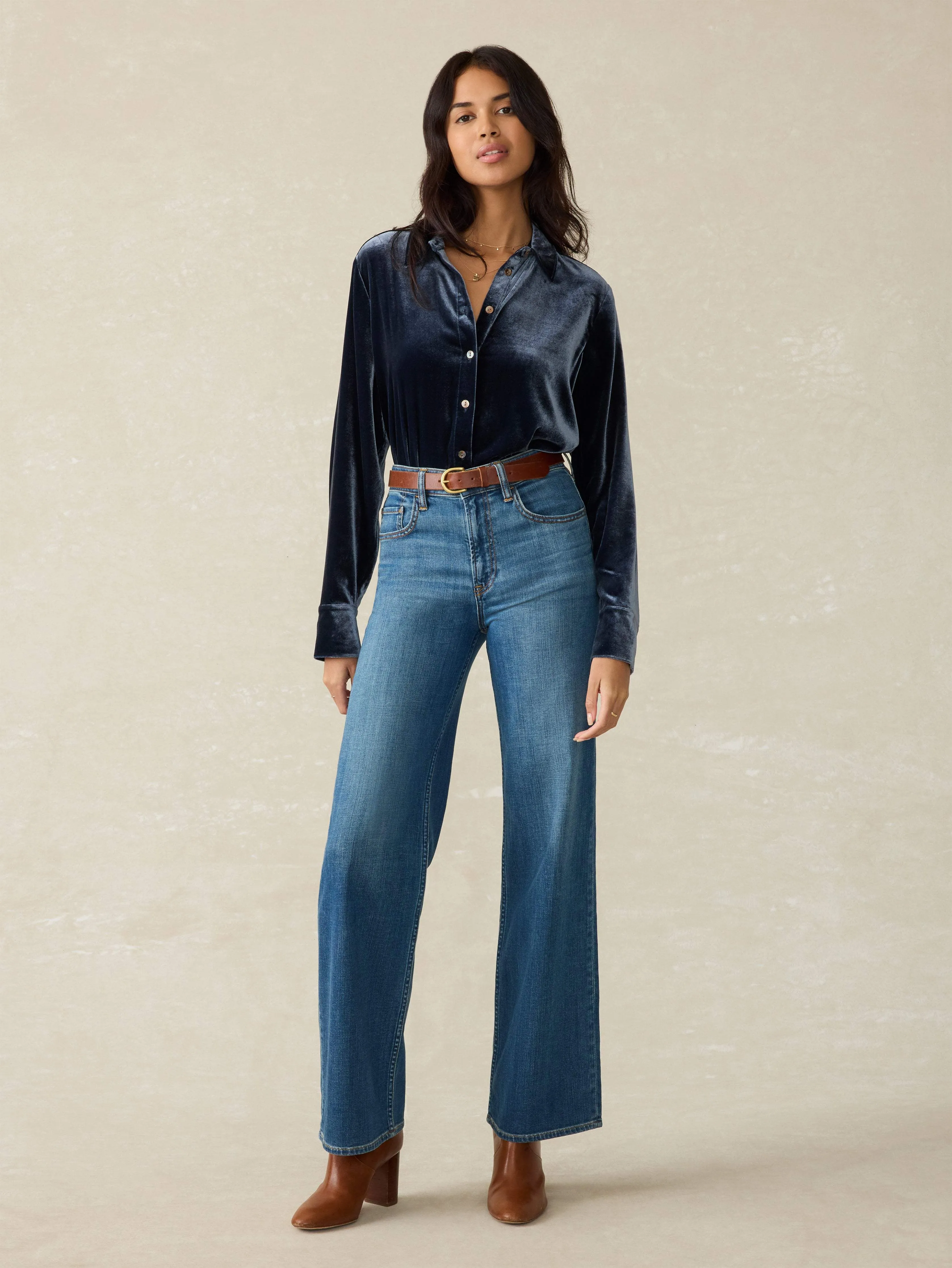 Stretch Silk Velvet Genevieve Shirt - Navy
