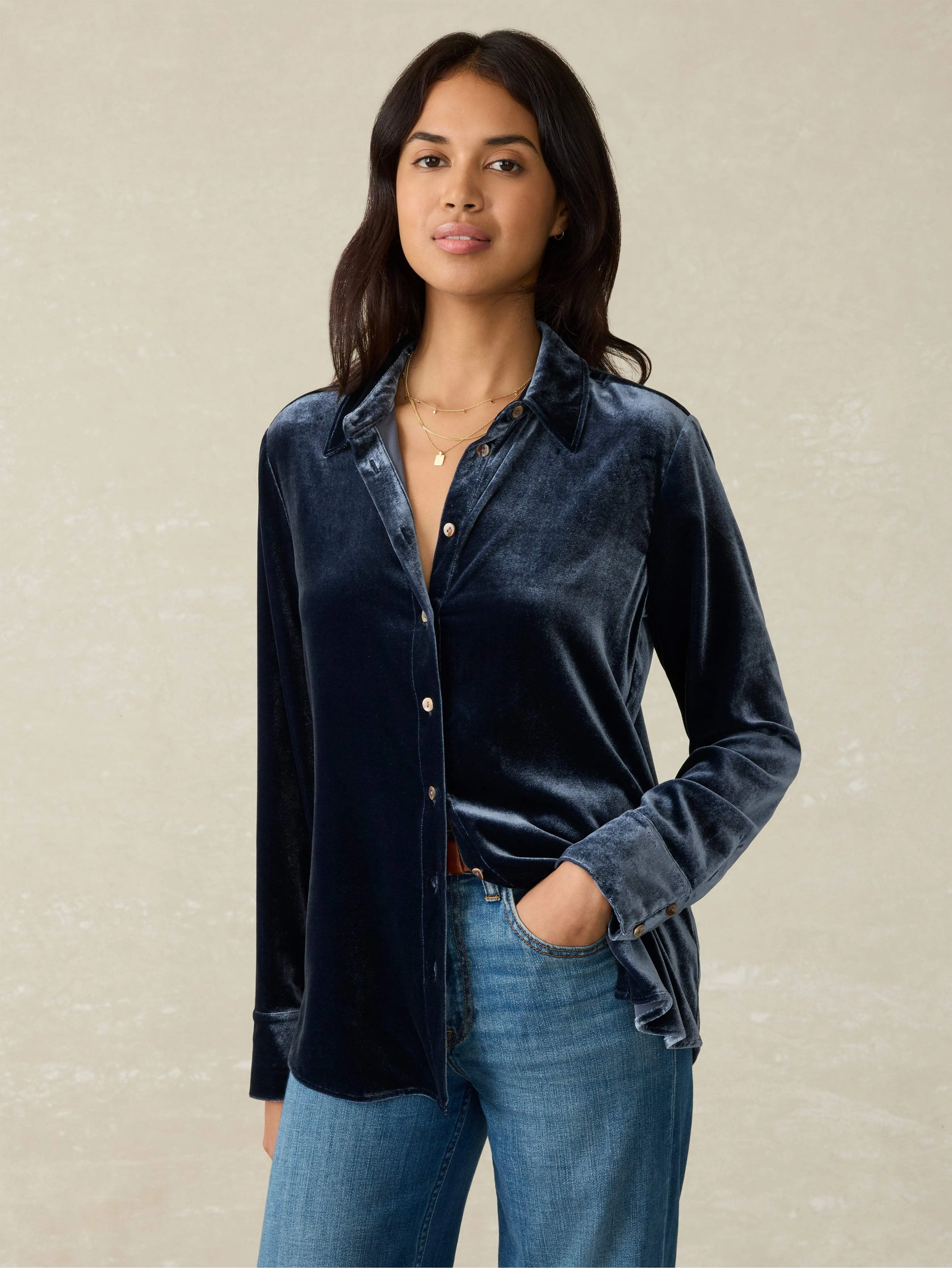 Stretch Silk Velvet Genevieve Shirt - Navy