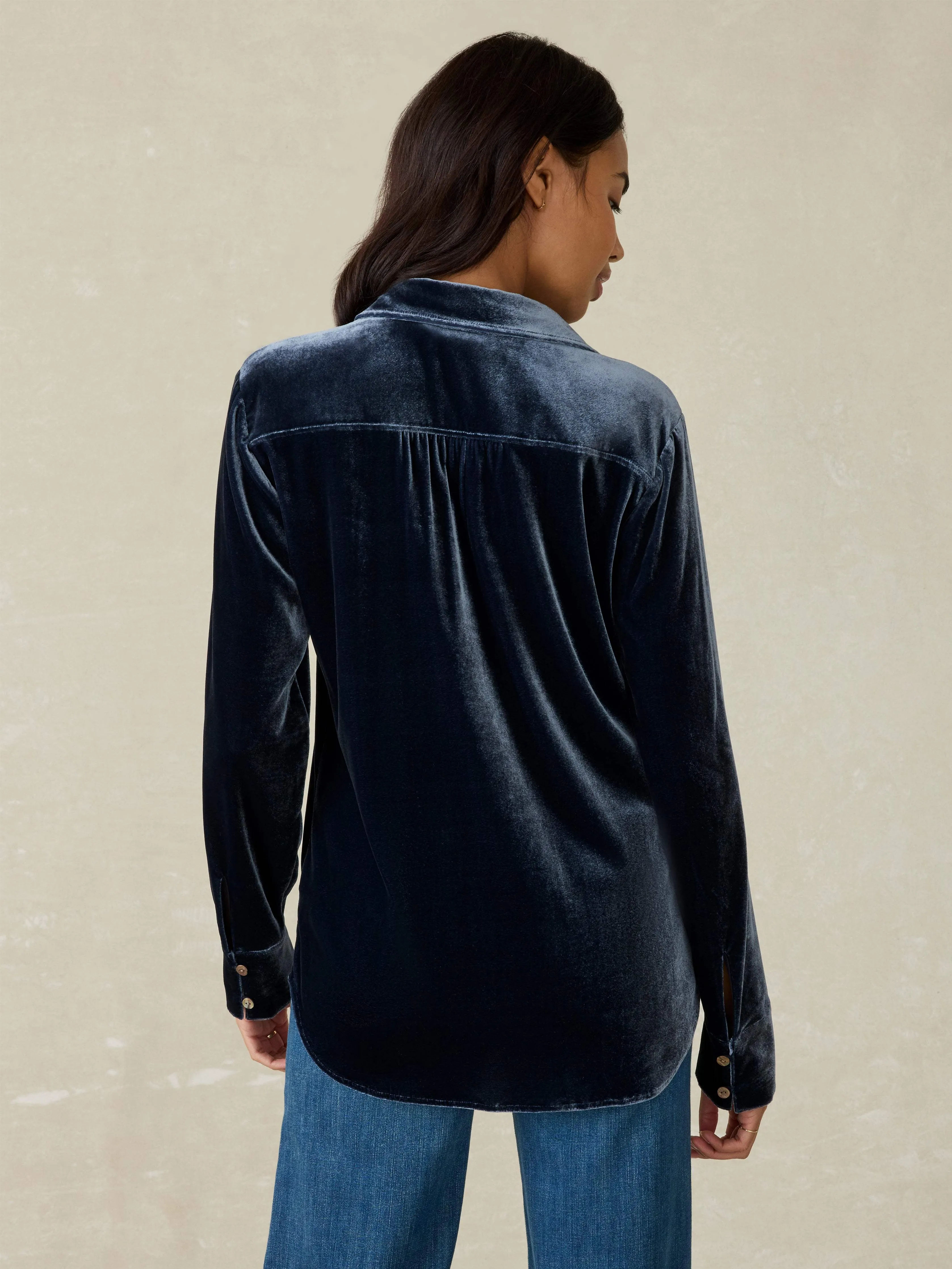 Stretch Silk Velvet Genevieve Shirt - Navy
