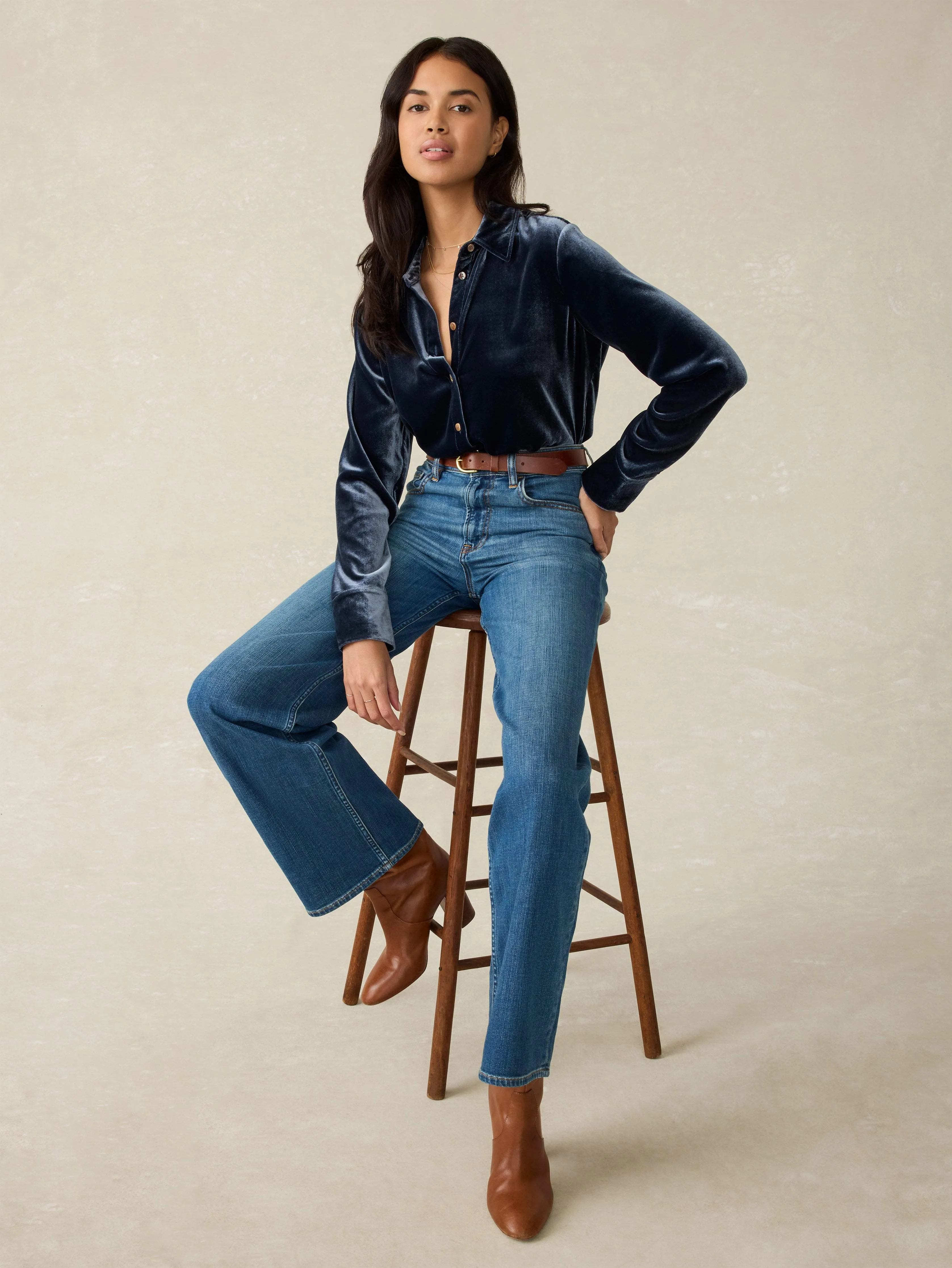 Stretch Silk Velvet Genevieve Shirt - Navy