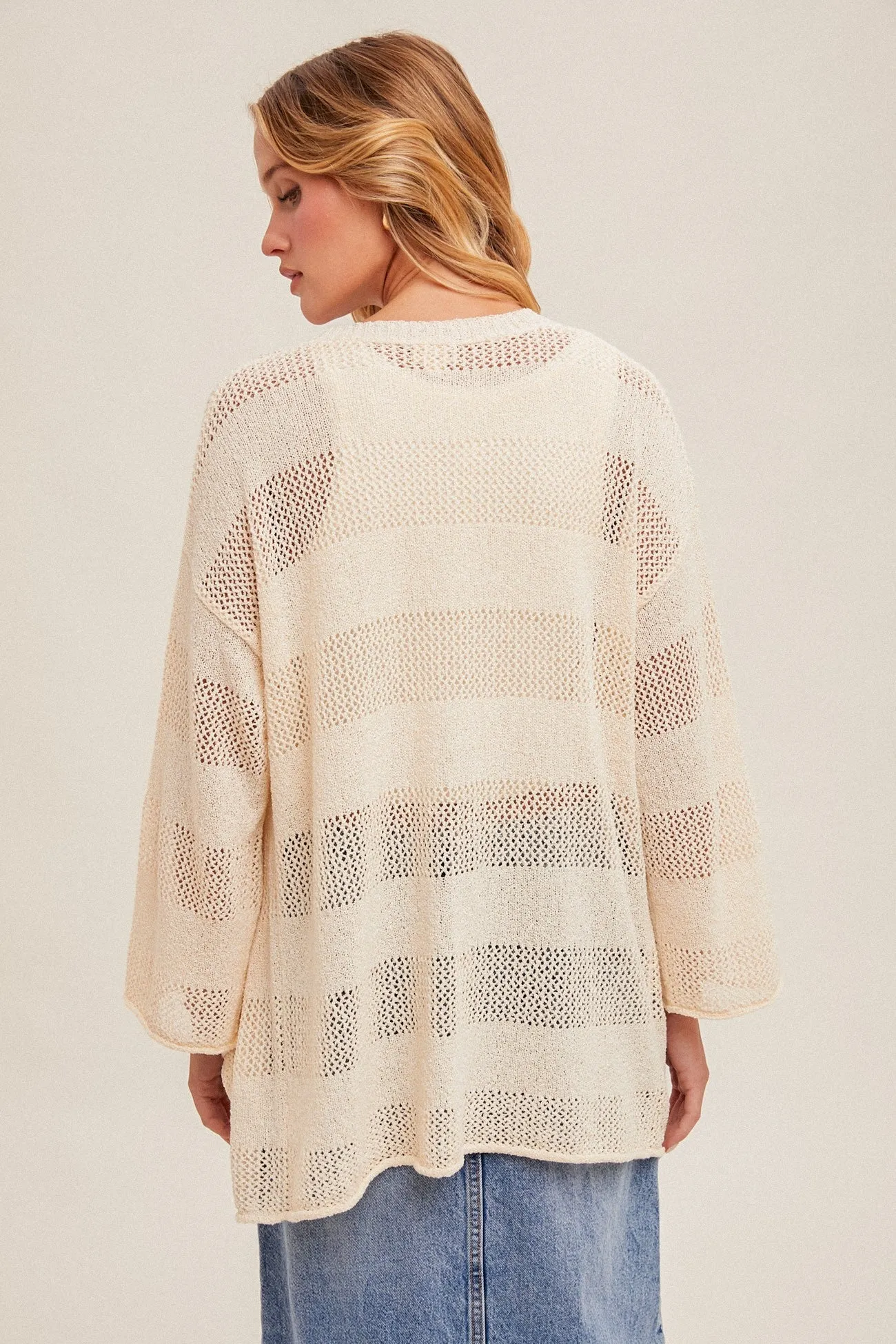 Stripe 3/4 Sleeve Knit Cardigan