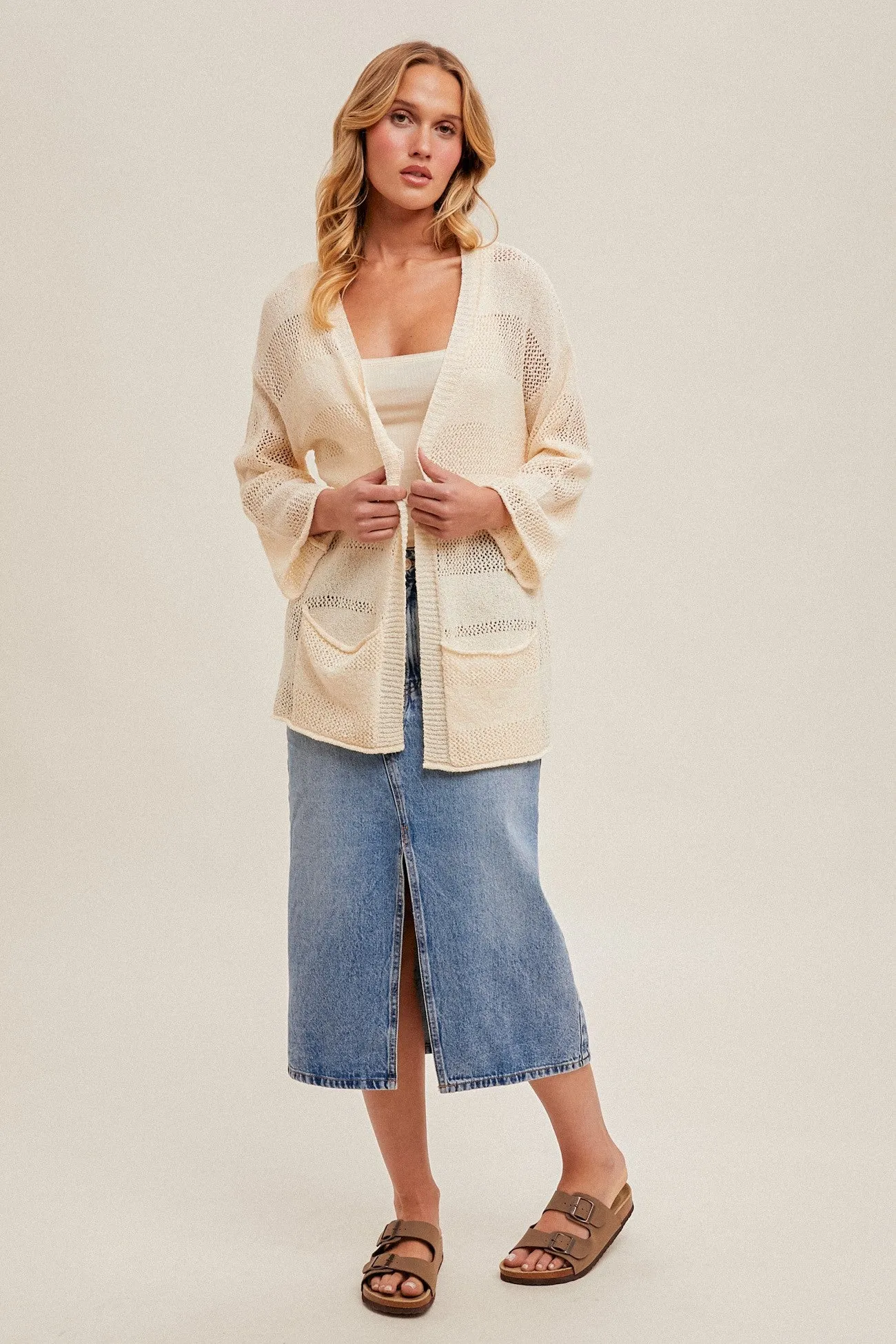 Stripe 3/4 Sleeve Knit Cardigan