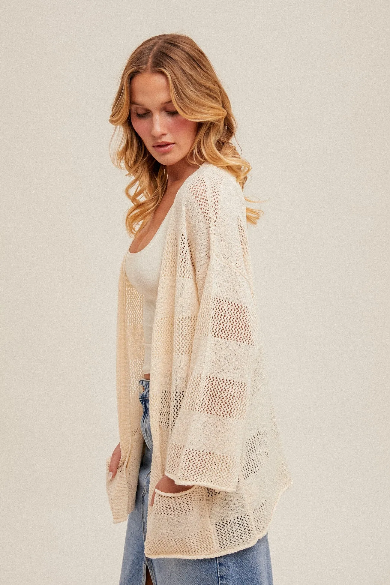 Stripe 3/4 Sleeve Knit Cardigan