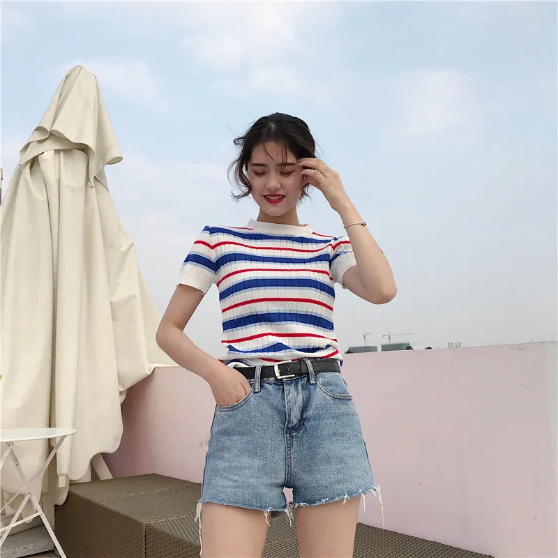 Stripe tight knit T-shirt KF50015