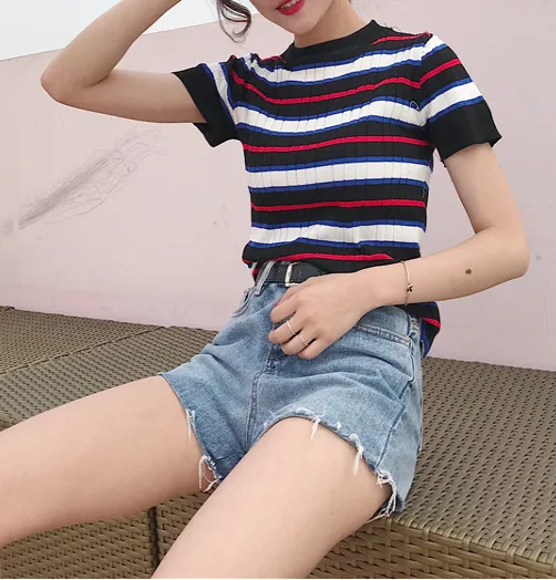 Stripe tight knit T-shirt KF50015