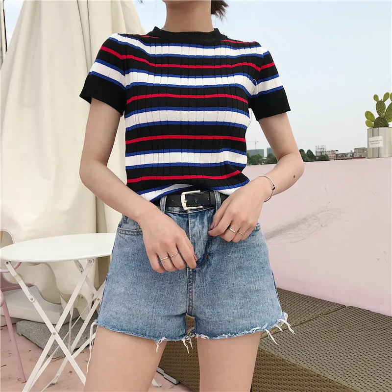 Stripe tight knit T-shirt KF50015