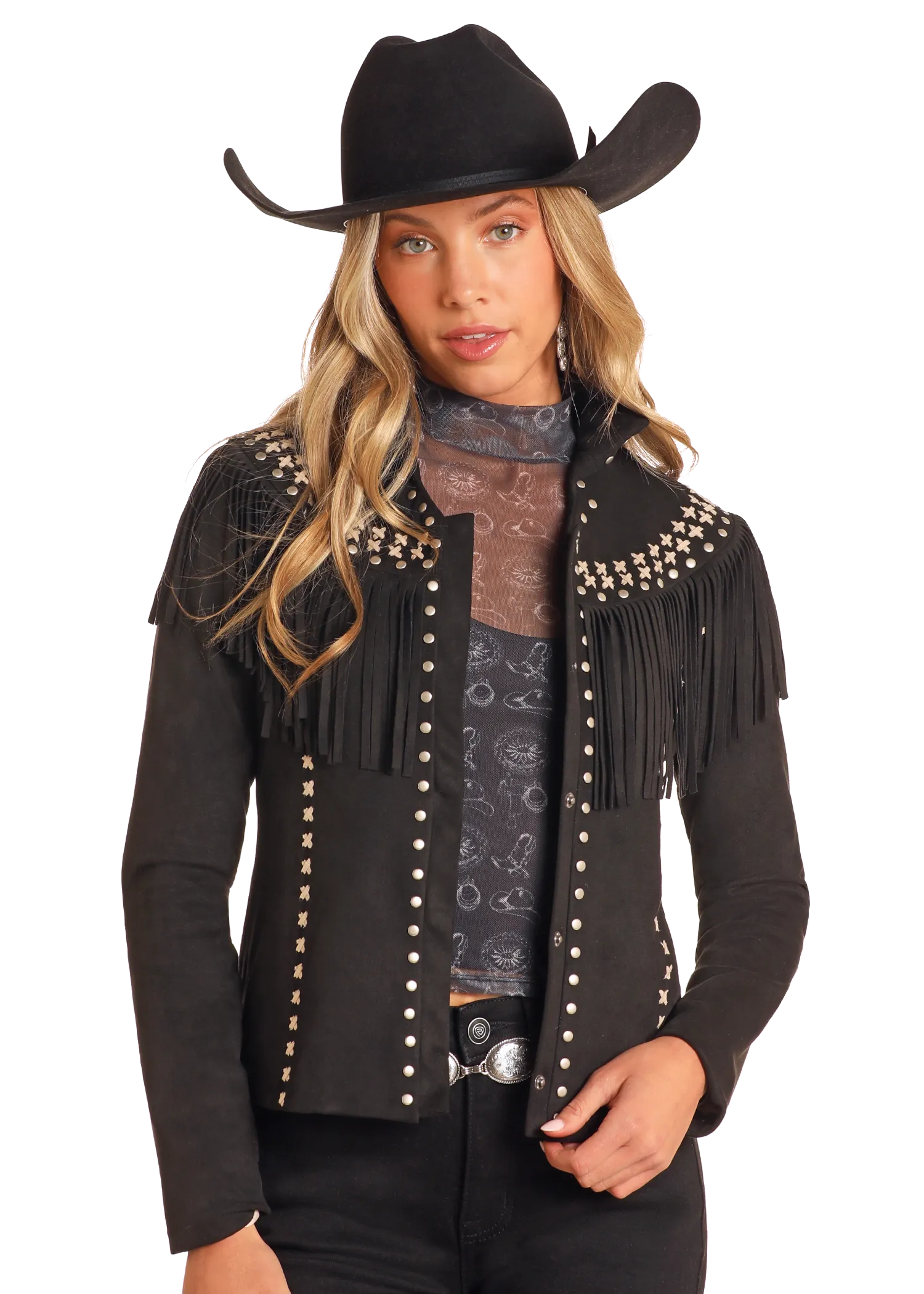 Studded Micro Suede Fringe Jacket - Black