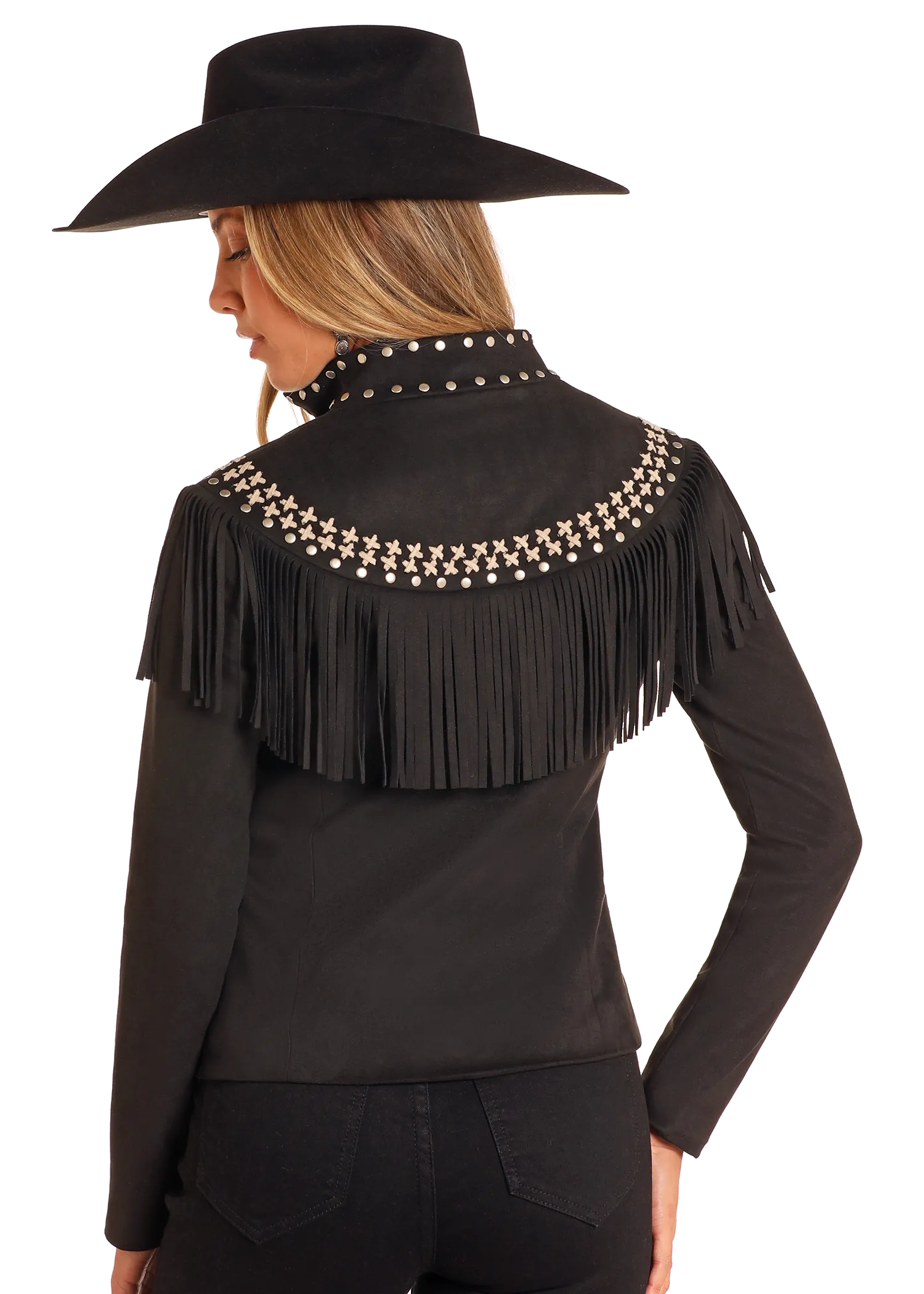 Studded Micro Suede Fringe Jacket - Black