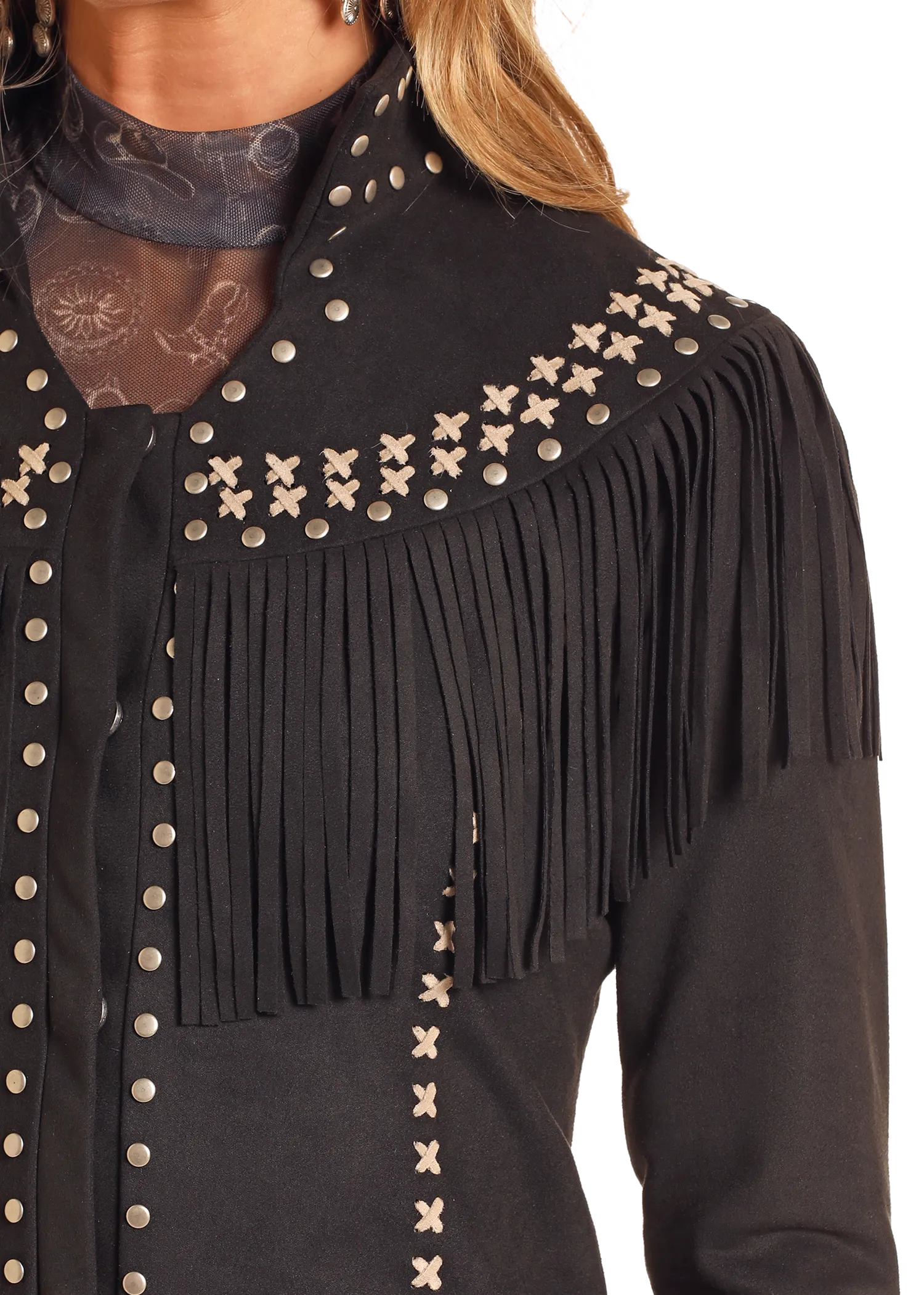 Studded Micro Suede Fringe Jacket - Black