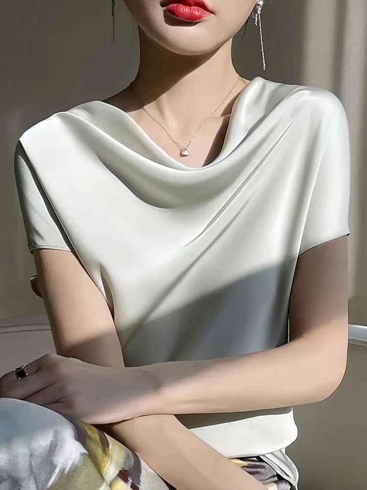 Summer Satin Silk Blouse Women Short Sleeve Tops