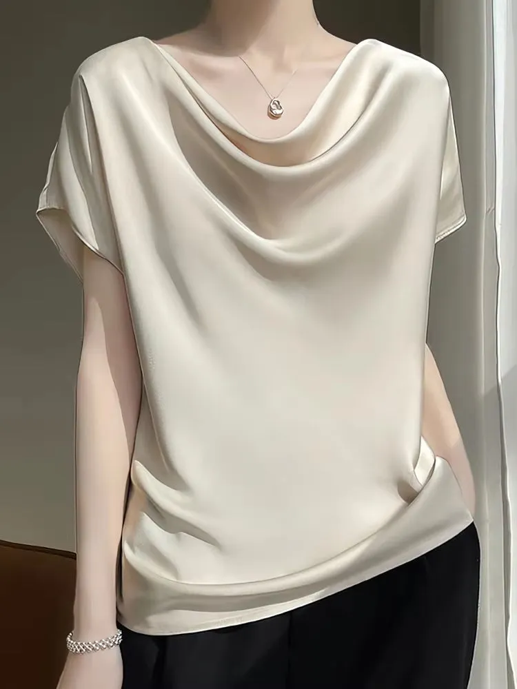 Summer Satin Silk Blouse Women Short Sleeve Tops