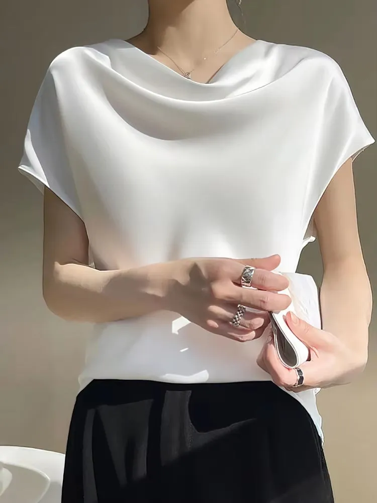 Summer Satin Silk Blouse Women Short Sleeve Tops