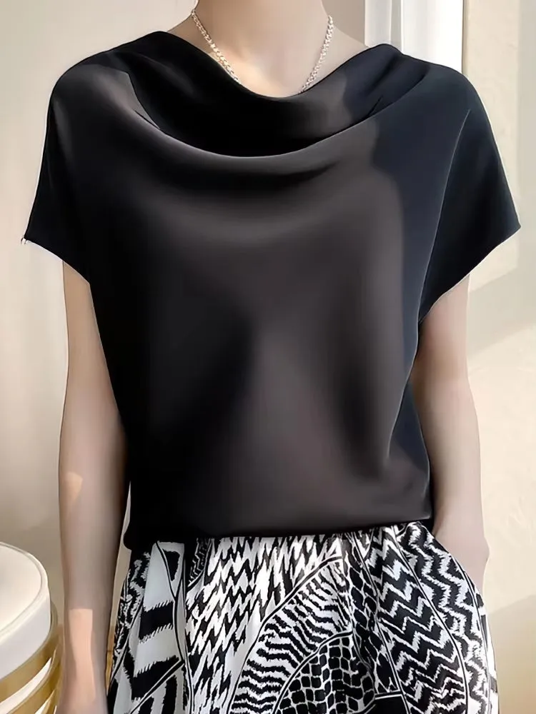 Summer Satin Silk Blouse Women Short Sleeve Tops