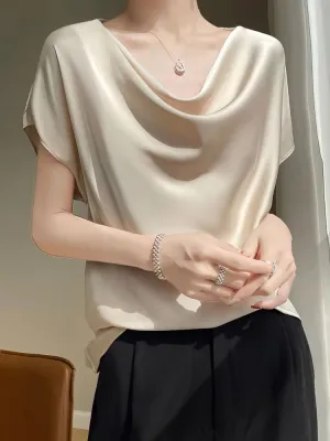 Summer Satin Silk Blouse Women Short Sleeve Tops