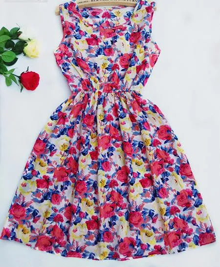 Summer Women Chiffon Dress Beach Floral Tank Fashion Dresses S M L XL XXL